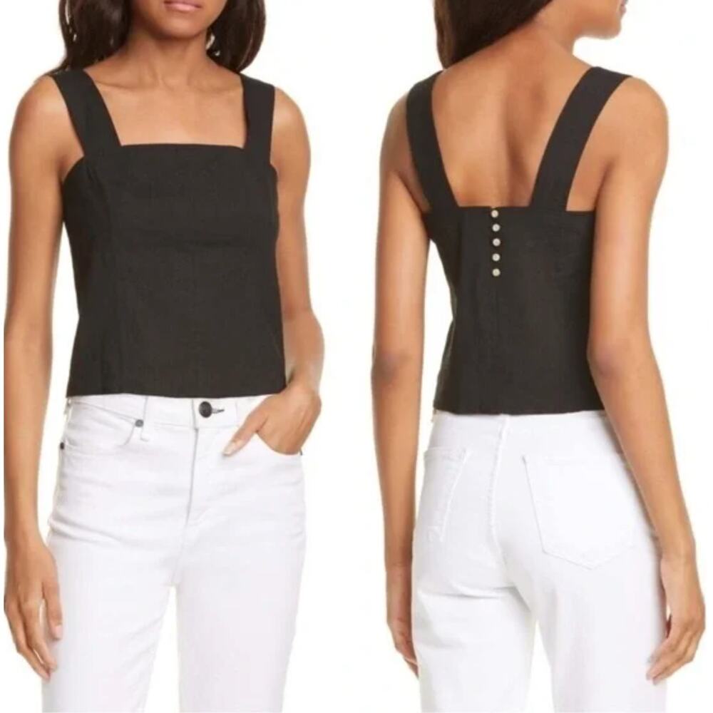 Vince Black Linen-Blend Square-Neck Tank Top